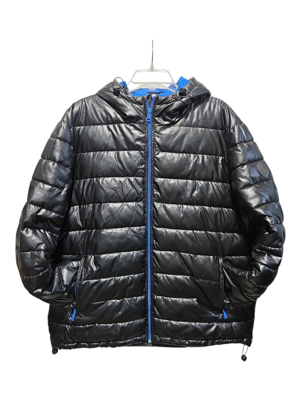 Cole Haan Signature Men's Hooded Faux-Leather Puffer Jacket Black-Blue Size XL